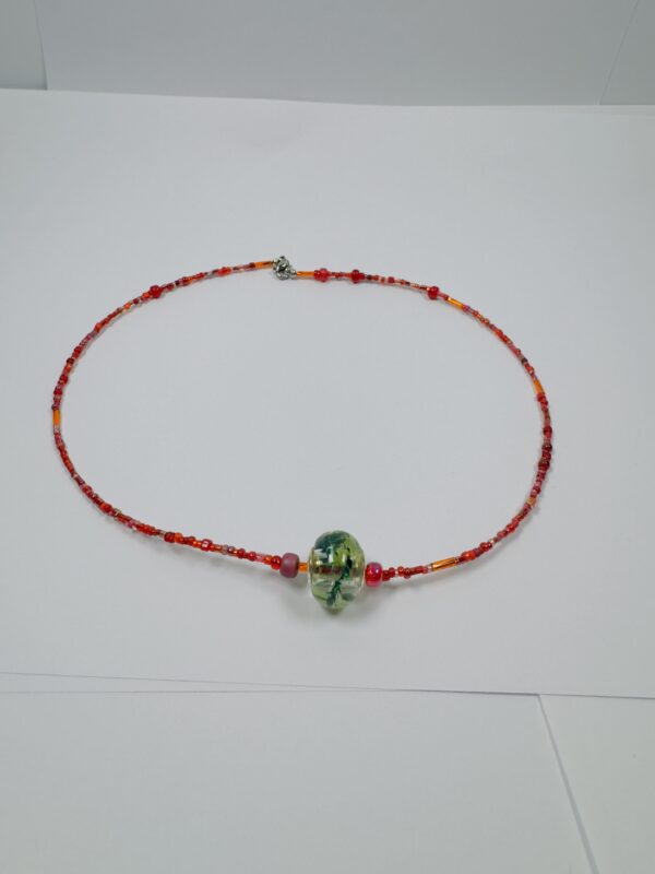 Fiery Red Beaded Necklace with Floral Glass Pendant