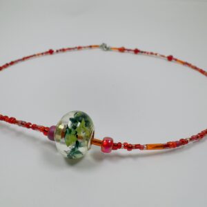 Fiery Red Beaded Necklace with Floral Glass Pendant